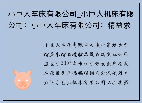 小巨人车床有限公司_小巨人机床有限公司：小巨人车床有限公司：精益求精，打造精品设备